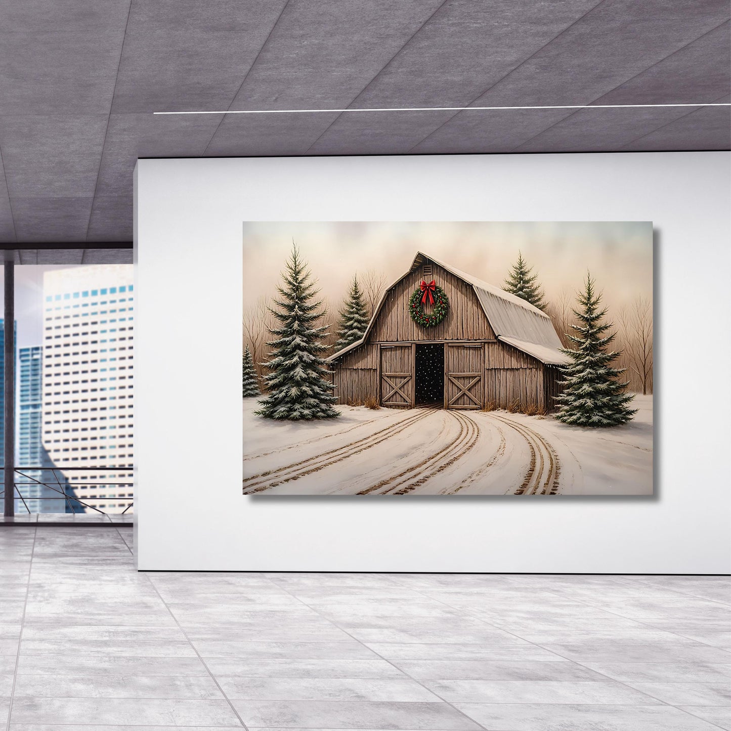 Christmas Farmhouse Canvas Art: Vintage Barn, Winter Scene