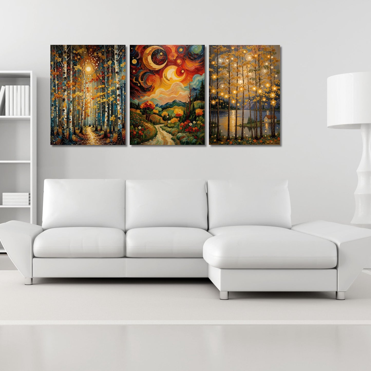 Klimt Style Moon and Star Canvas, Golden Night Sky Wall Art, Set of 3 Dreamy Celestial Prints, Elegant Decorative Art for Living Room Art