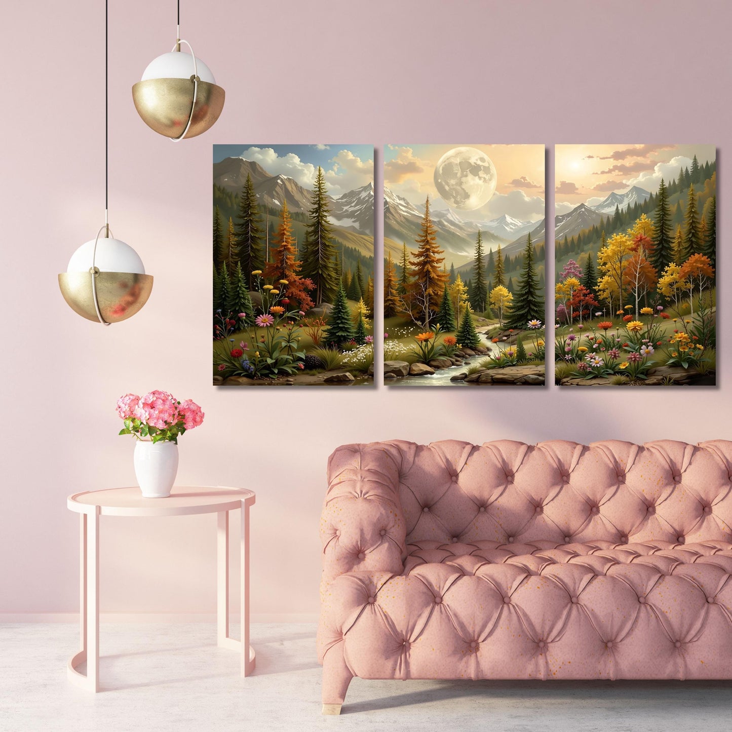 Set of 3 Flower Garden Flower Moon canvas, Moonlit Tree Forest wall Art,Full Moon Wildflower Print Gustav Klimt Night style Canvas Wall Art