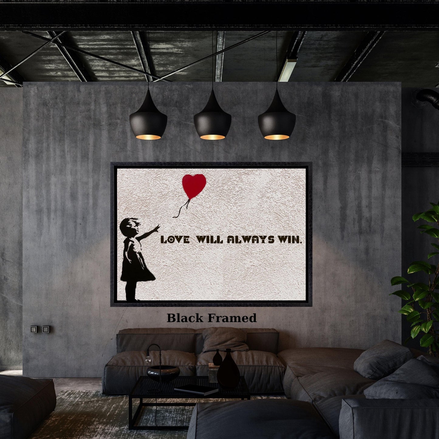 Banksy Love Will Always Win Canvas Wall Art, Girl with Heart Balloon Graffiti, Framed Ready to Hang Modern Street Art, Inspirational Poster