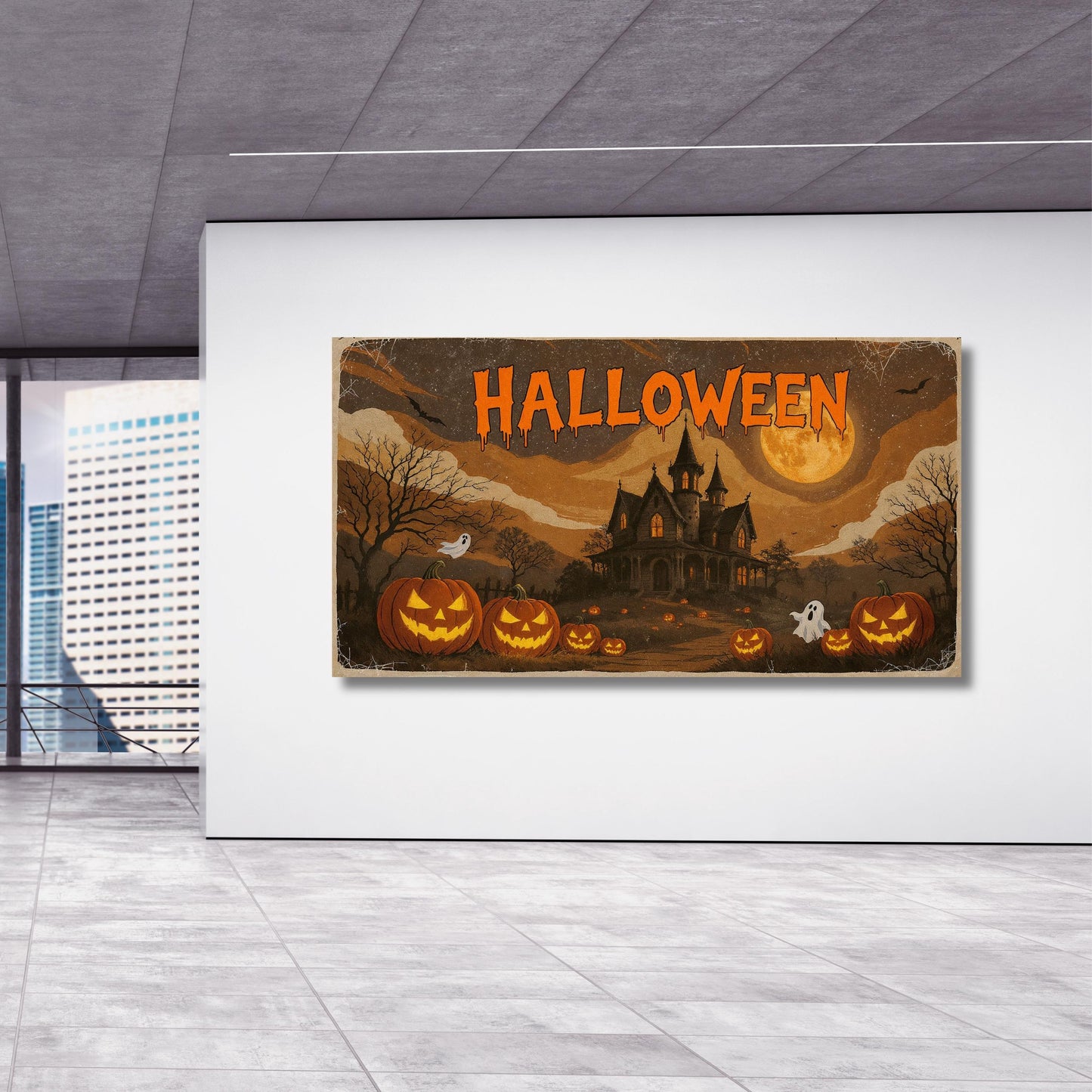 Cute Ghosts Haunted Halloween Canvas Wall Art, Farmhouse Spooky Decor, Pumpkin Holiday Artwork, Rustic Seasonal Wall Art Ready to Hang