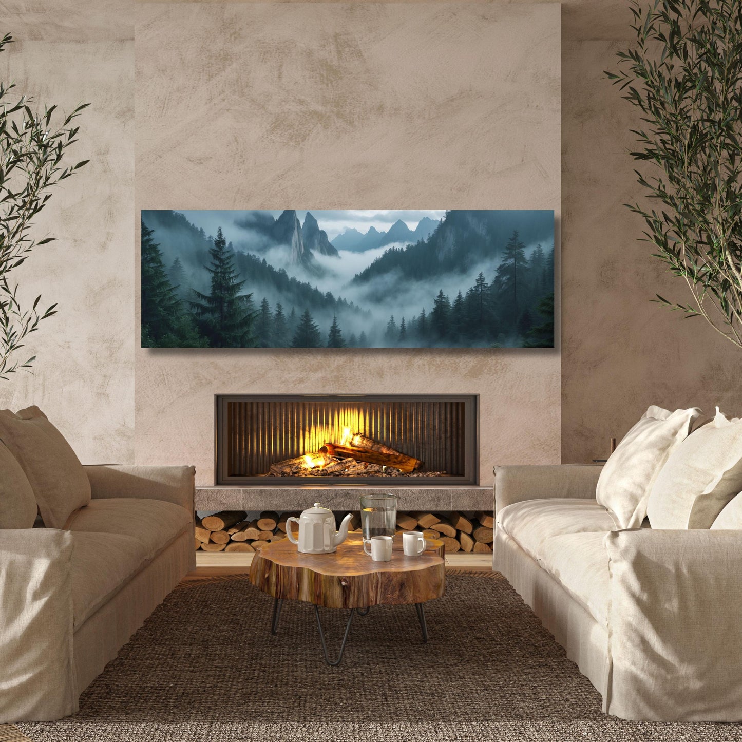 Panoramic Forest mountains Canvas Wall print misty foggy mountains photography green forest landscape print large nature wall Exhibition art