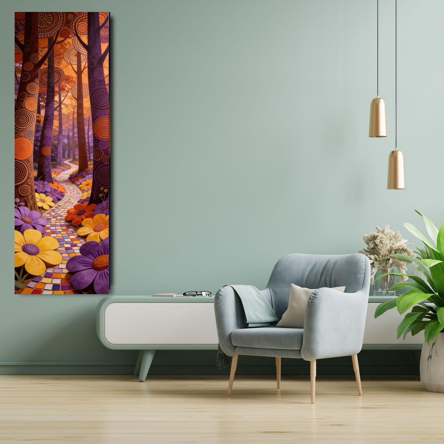 Vertical River Canvas Print, Tall Tree Mountain Wall Art Long Narrow