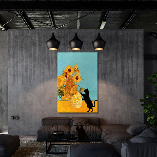 Funny Cat Canvas Print – Van Gogh Sunflowers Still Life Art