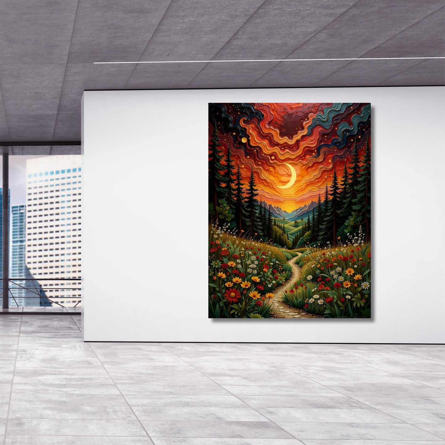 Nachtsichel-Wildblumen-Leinwandbild, von Klimt inspirierter botanischer Mond-Kunstdruck, verträumte florale Wanddekoration für Schlafzimmer, Wohnzimmer, Boho-Kunst