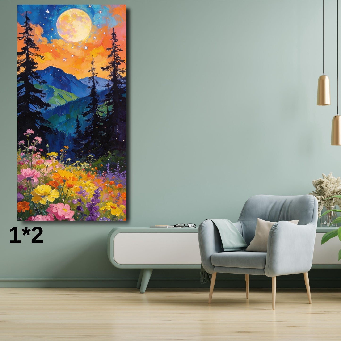 Panoramic Boho Mountain Landscape Canvas Wall Art, Framed Canvas Japanese Style Mid Century Exhibition Large Modern Living Room Decor