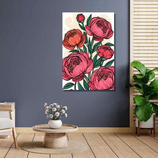 May include: A canvas print featuring a vibrant floral design. The artwork showcases large, pink peonies with green leaves and stems against a cream-colored background. The flowers are rendered with bold outlines and watercolor-style shading, creating a striking visual impact.