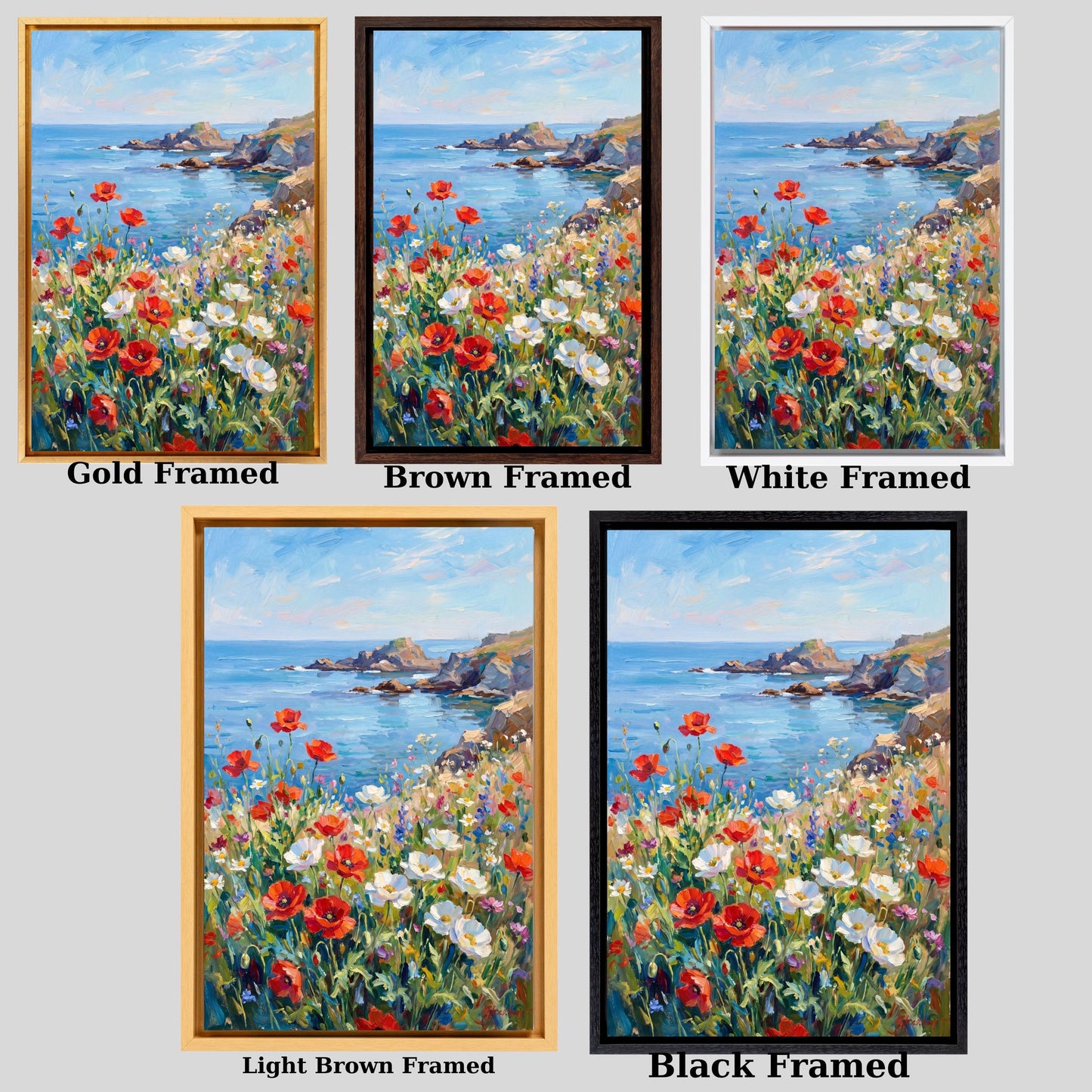 Coastal Poppy Field Canvas Art, Ocean Landscape Wall Decor, Impressionist Seascape Painting, Vertical Wildflower Meadow Print, Blue Sea Art