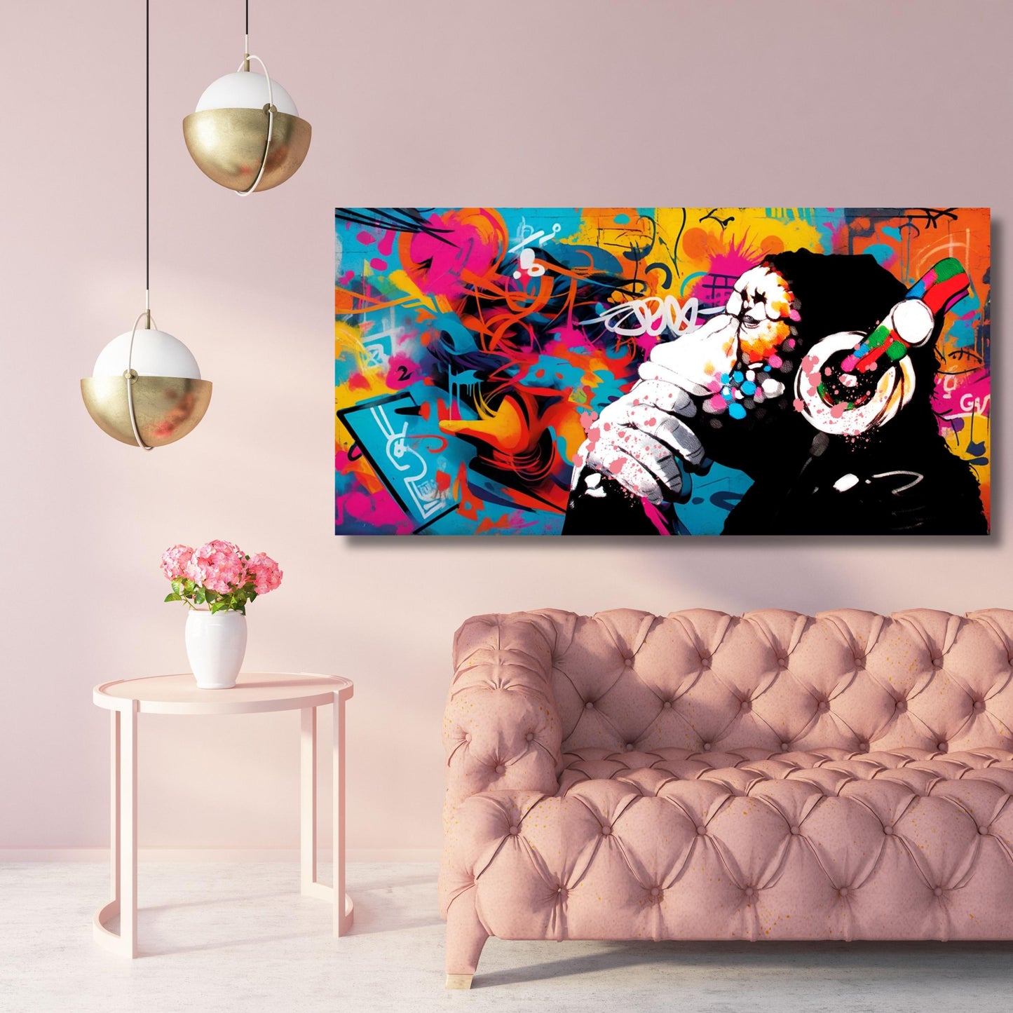 Banksy DJ Monkey Canvas Wall Art Banksy Thinking Monkey Music Thinker Graffiti Wall Art Extra Large Wall Art Gorilla Chimp Ready to Hang