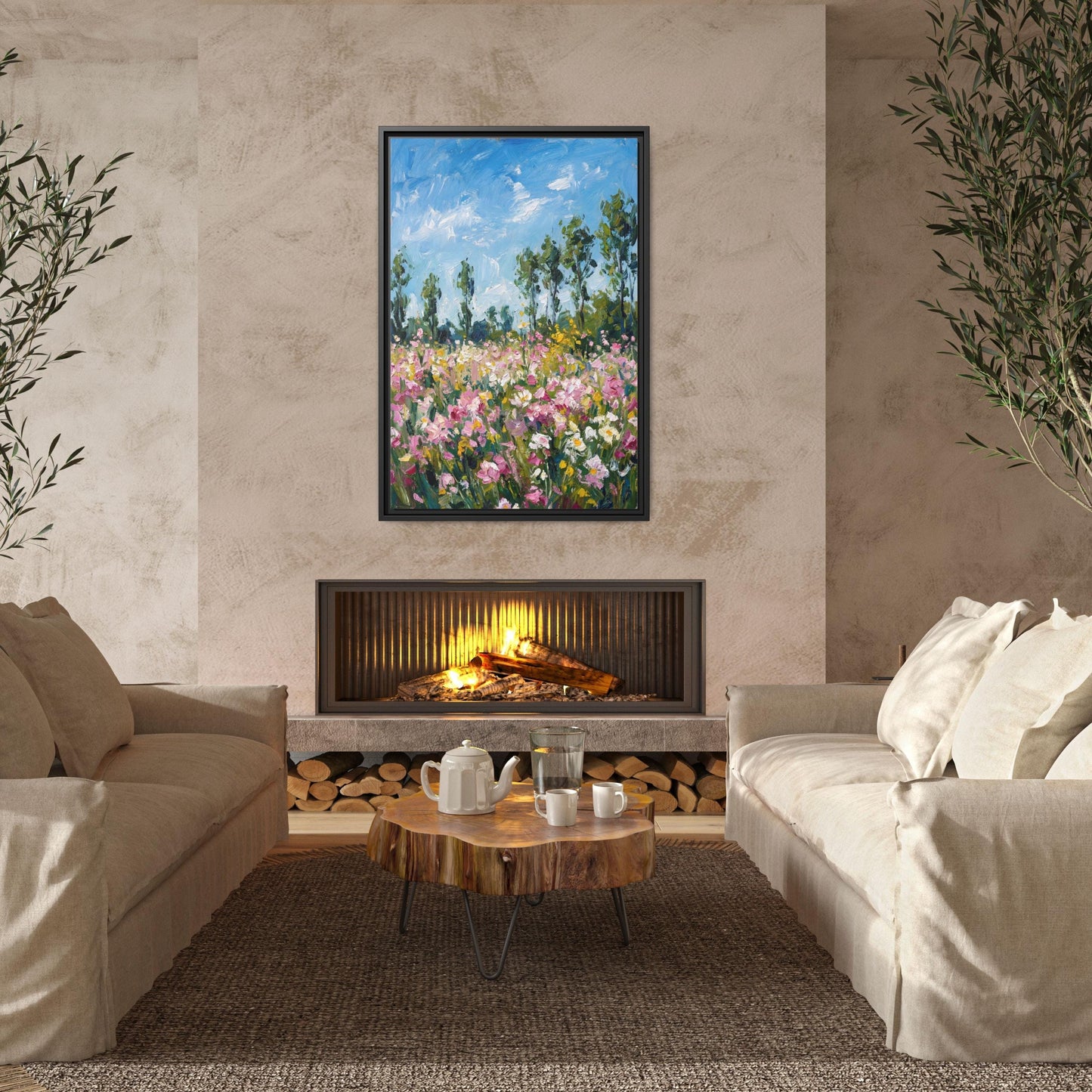 Klimt style Botanical Landscape, Horizontal Large Framed Canvas Art, Oversize Nature Print with Elegant Wood Frames, Modern Wall Hangings
