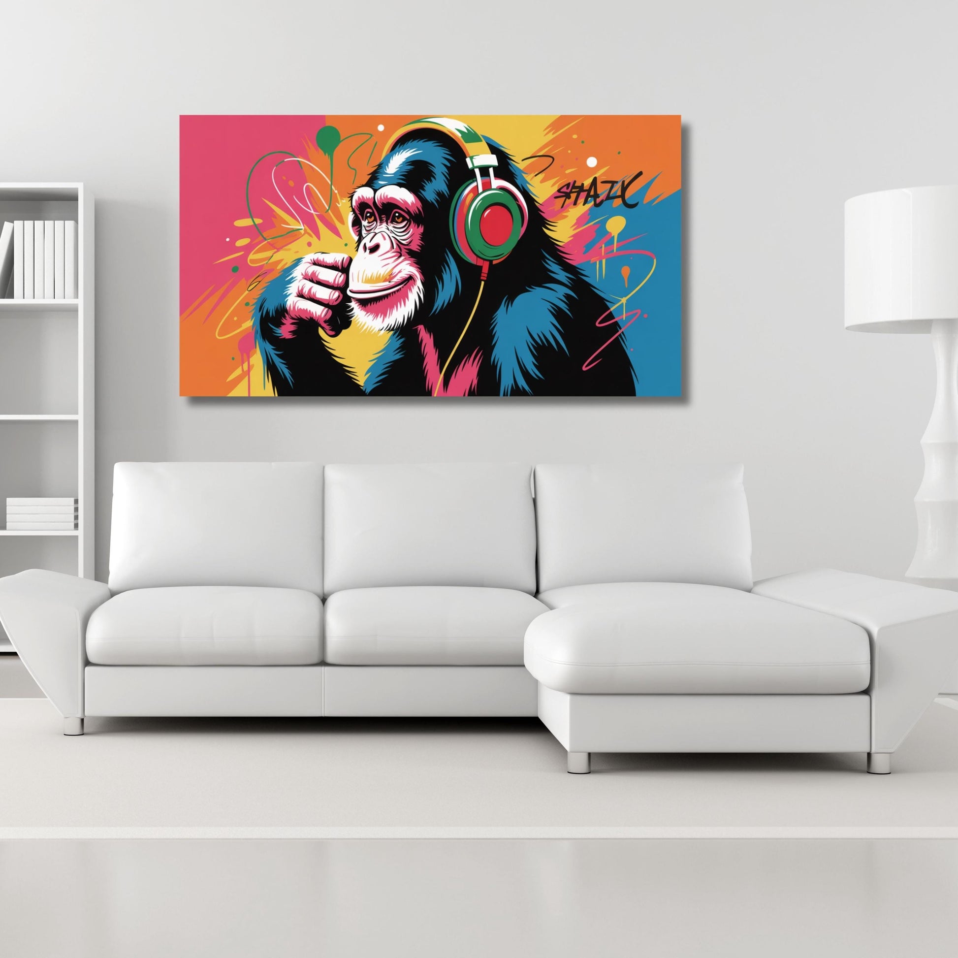 a vibrant, colorful painting of a monkey wearing headphones, which is displayed on the wall above a white couch in a living room setting.