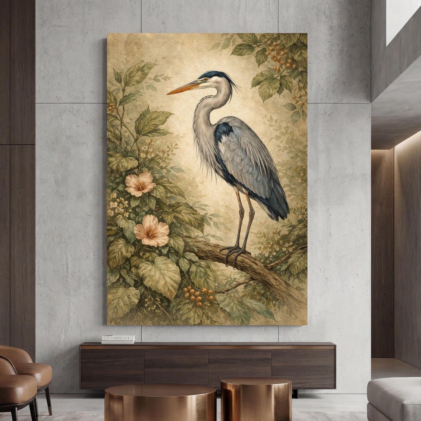 Blue Heron in Floral Garden Wall Hanging, Antique Style Bird Canvas, Sage Green and Cream Botanical Decor, Sophisticated Living Room Focal
