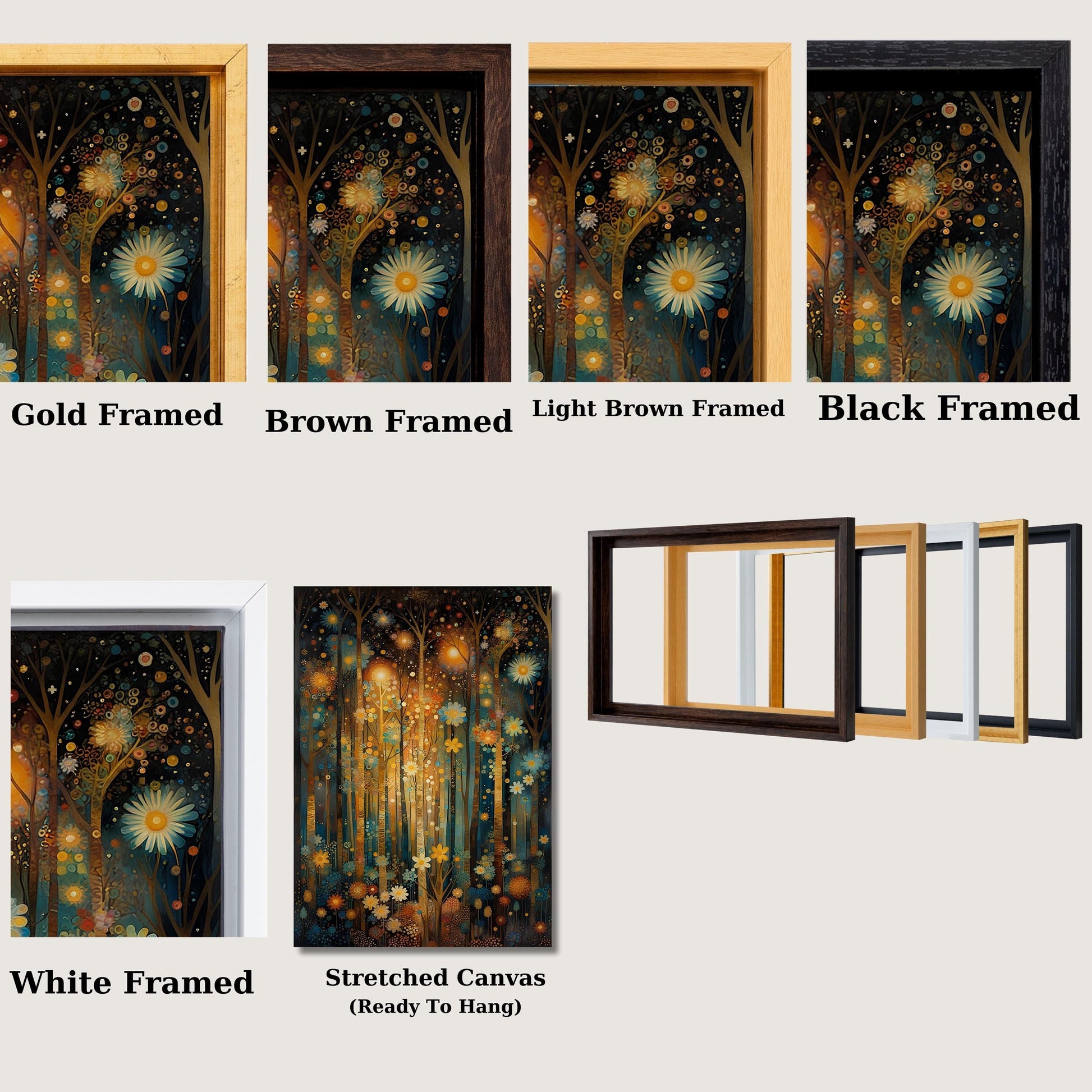 a set of four doors with a picture of a forest and flowers on them