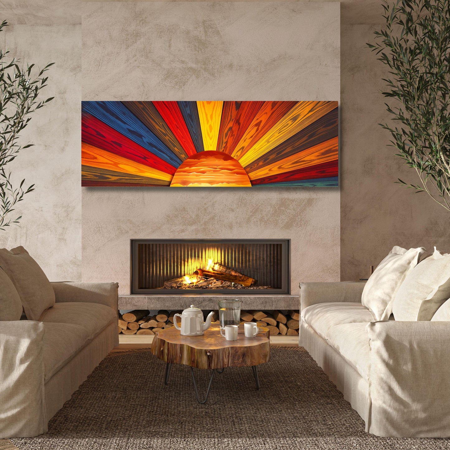 Sunrise Wood Look Canvas Wall Art Rustic Sun Print for Bedroom or Office Above Bed Decor Long Sunlight Wall Hanging Nature-Inspired Gift