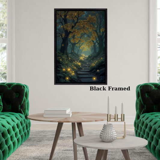 Twilight Forest Canvas Wall Art Enchanted Path Print with Glowing Fireflies Mystical Woodland Scene for Bedroom or Living Room Wall Decor