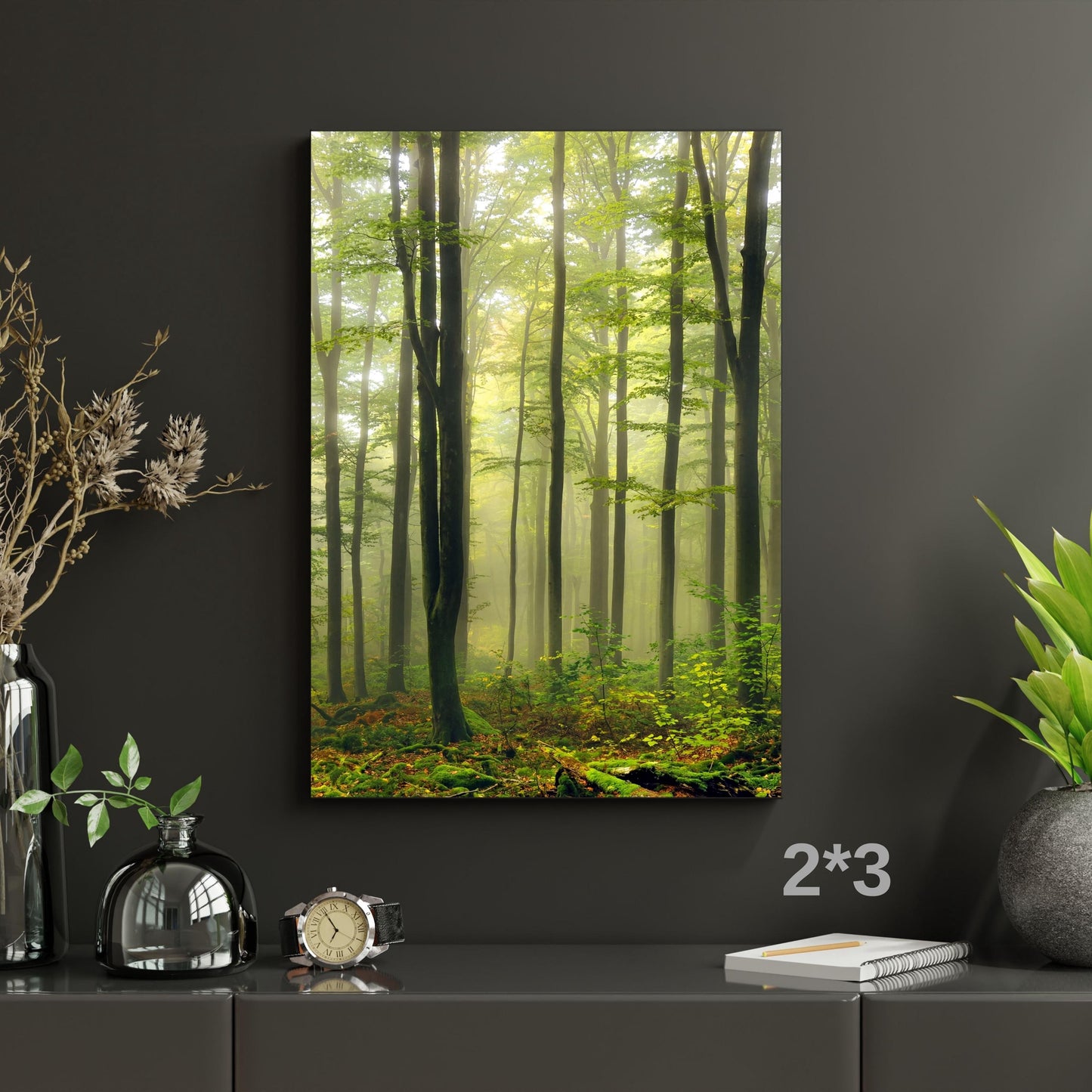 Long Canvas Foggy Forest Wall Art, Misty Pine Tree Panoramic Print, Vertical Woodland Nature Decor, Minimalist Green Forest Landscape Art