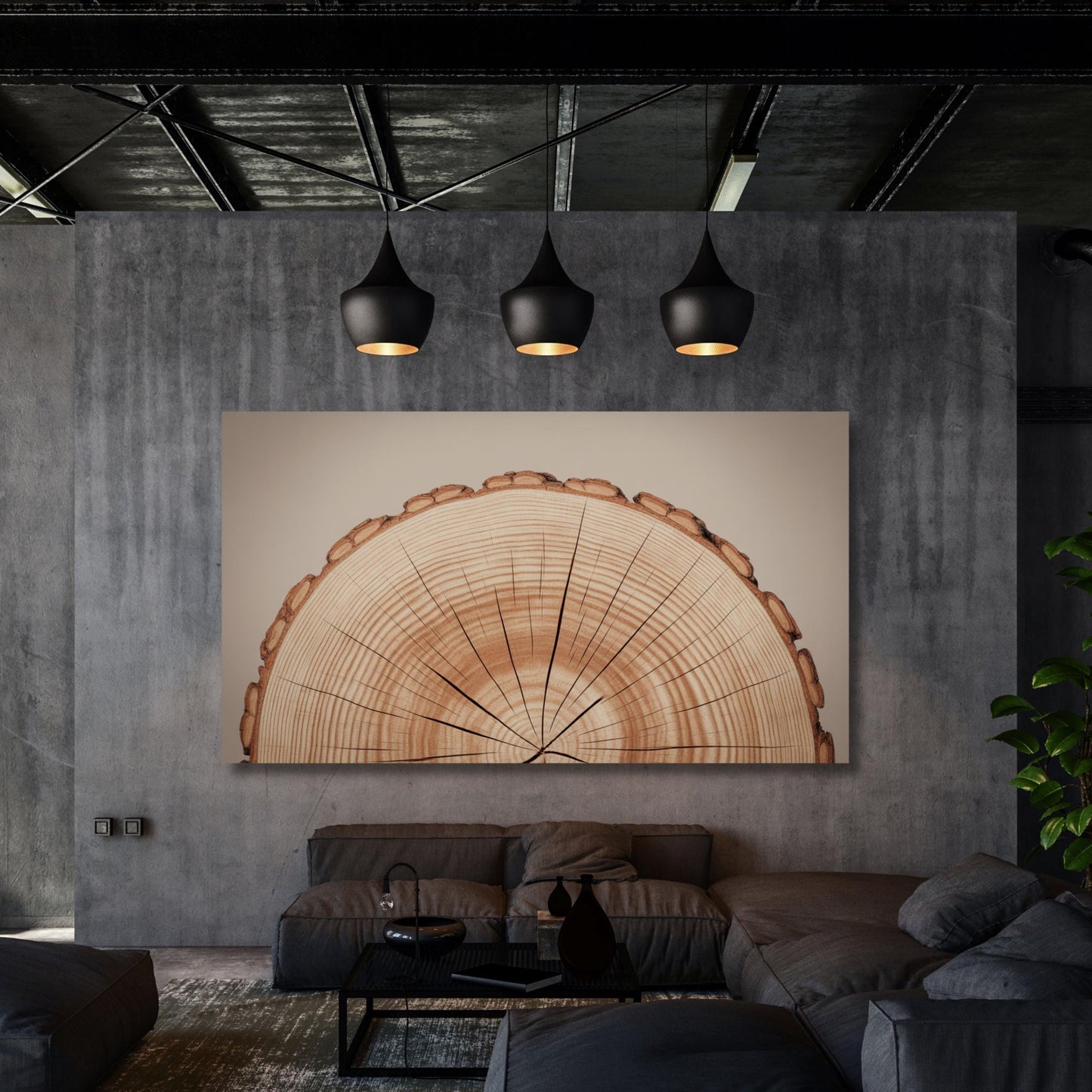 a modern living room with a large, abstract painting of a tree trunk as the focal point. The room has a minimalist design with a gray sofa, a coffee table, and a potted plant. The ceiling features three black pendant lights, creating a warm and inviting atmosphere.