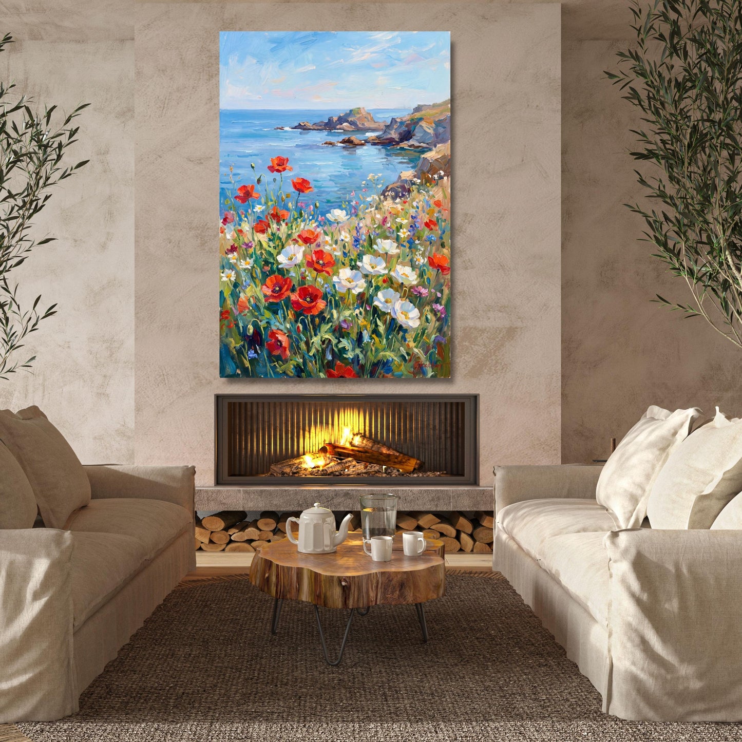 Coastal Poppy Field Canvas Art, Ocean Landscape Wall Decor, Impressionist Seascape Painting, Vertical Wildflower Meadow Print, Blue Sea Art