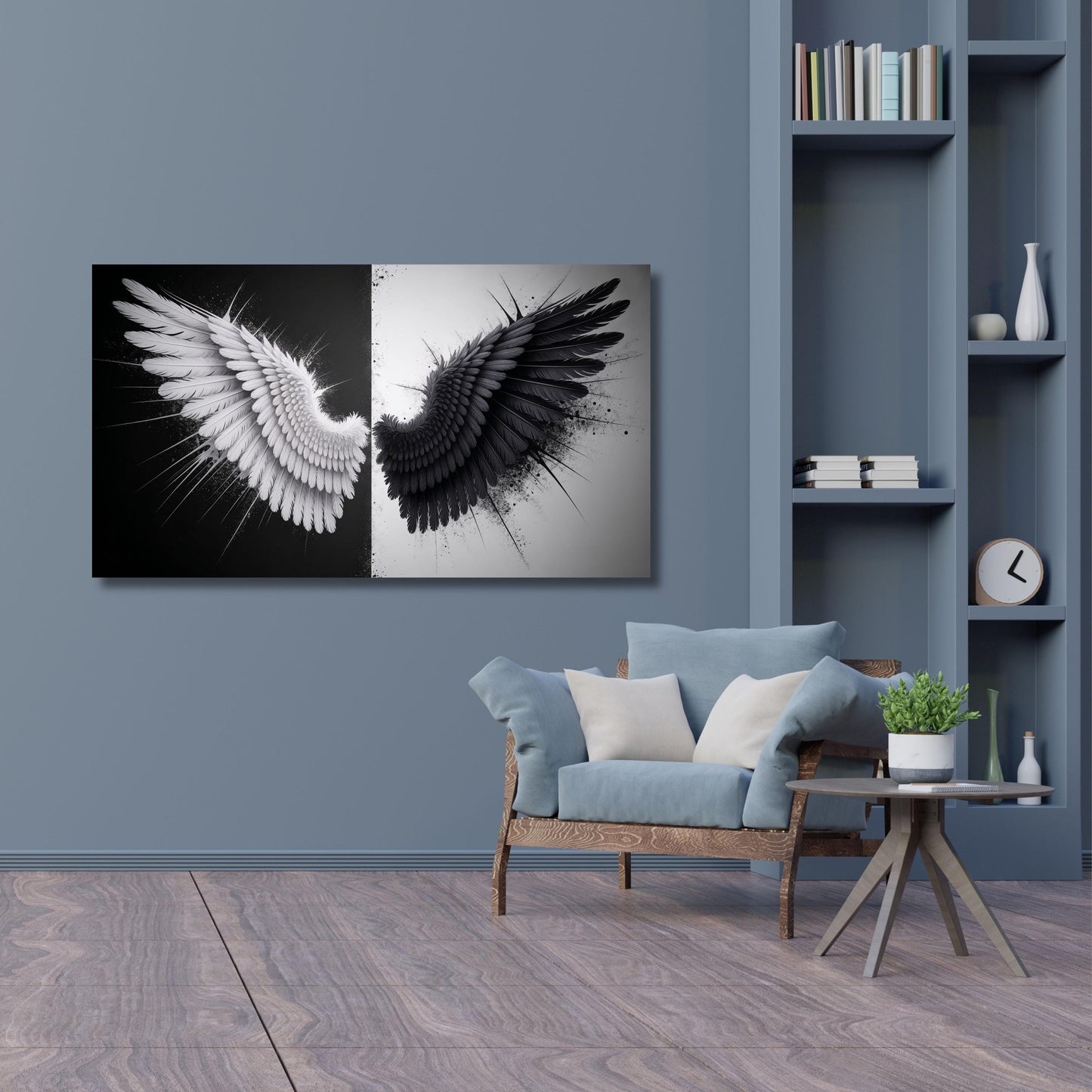 a modern living room with a large wall art piece depicting two wings, one black and one white, hanging above a blue sofa. The room also includes a bookshelf, a coffee table, and a potted plant, creating a cozy and stylish atmosphere.