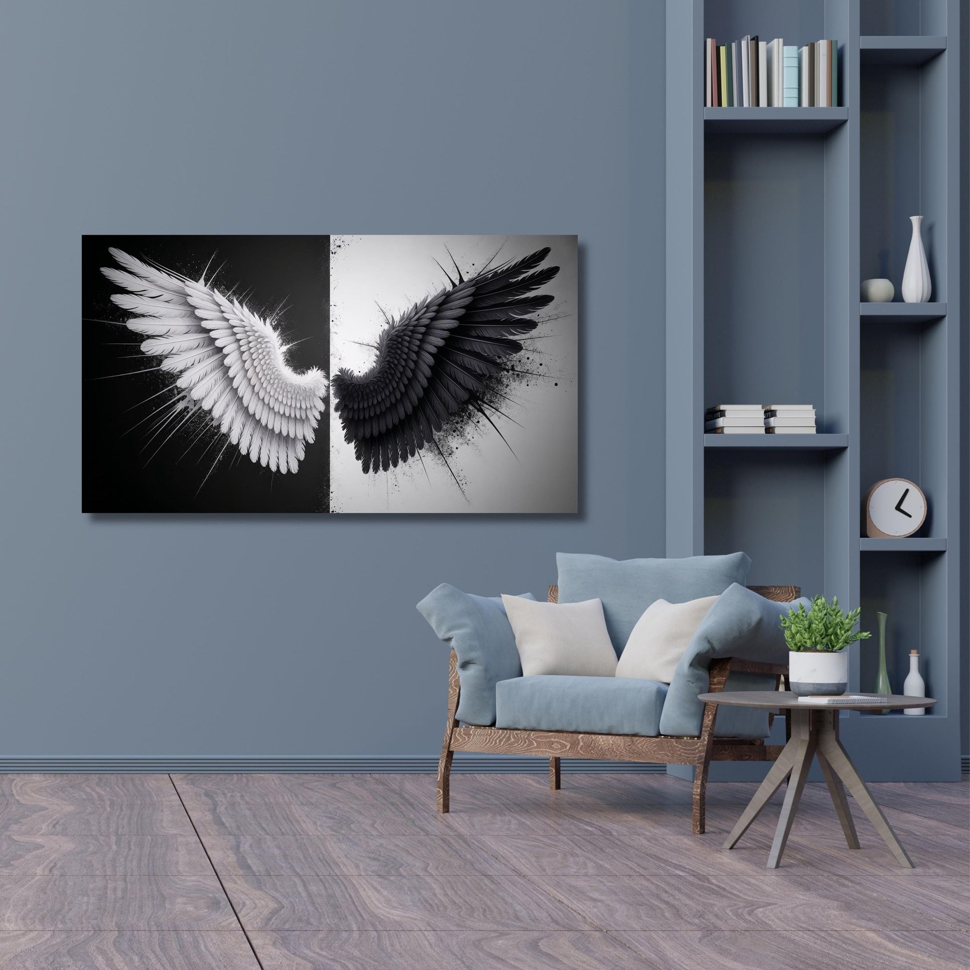 a modern living room with a large wall art piece depicting two wings, one black and one white, hanging above a blue sofa. The room also includes a bookshelf, a coffee table, and a potted plant, creating a cozy and stylish atmosphere.