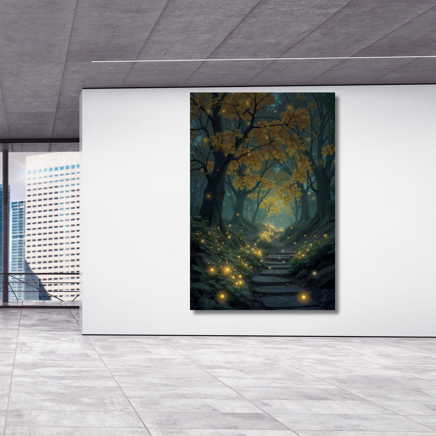 Twilight Forest Canvas Wall Art Enchanted Path Print with Glowing Fireflies Mystical Woodland Scene for Bedroom or Living Room Wall Decor