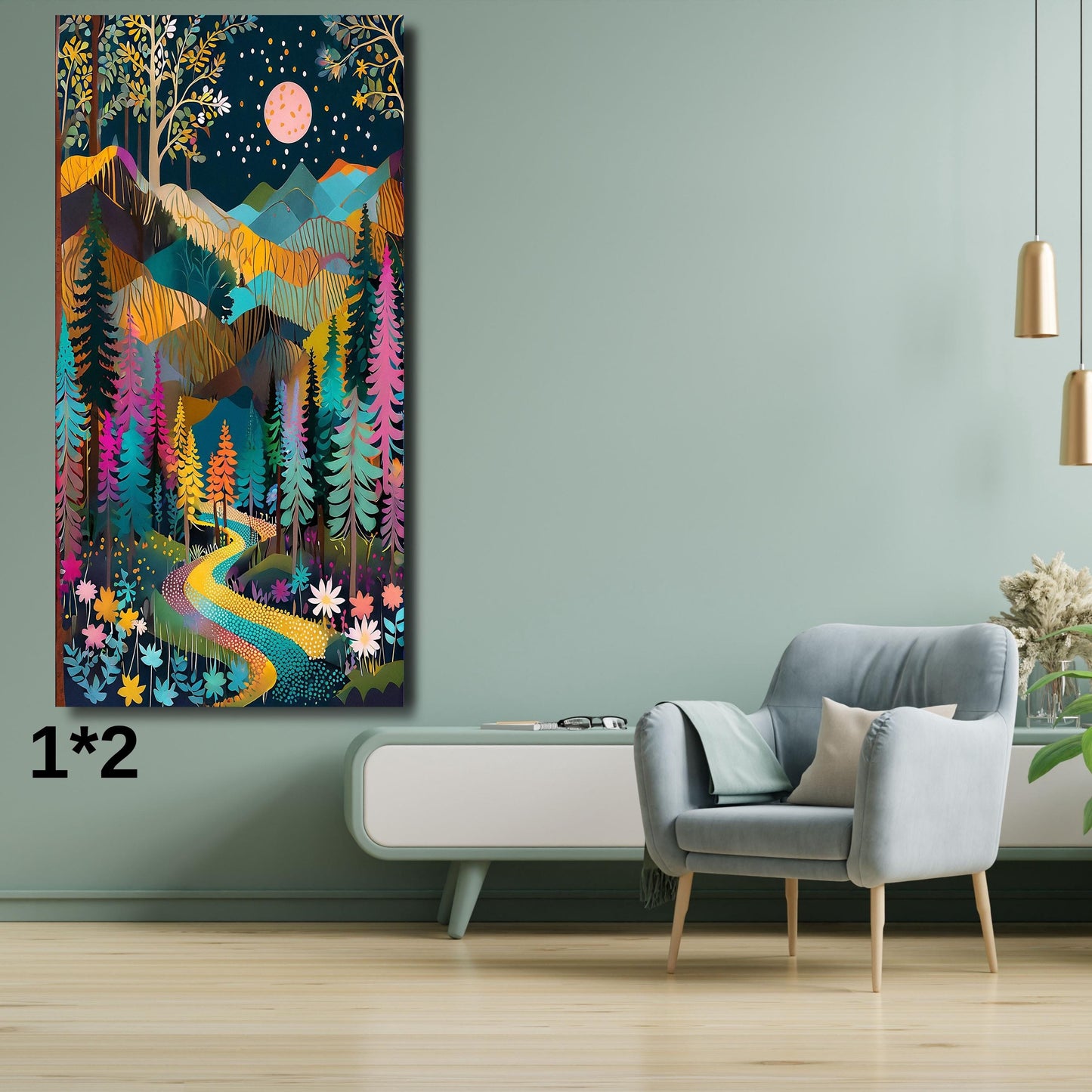 Moon Long Narrow Canvas Wall Art Vertical Nature Print Tall Modern sun Tree or Mountain Wall Decor for Hallway,Entryway Small Space Styling