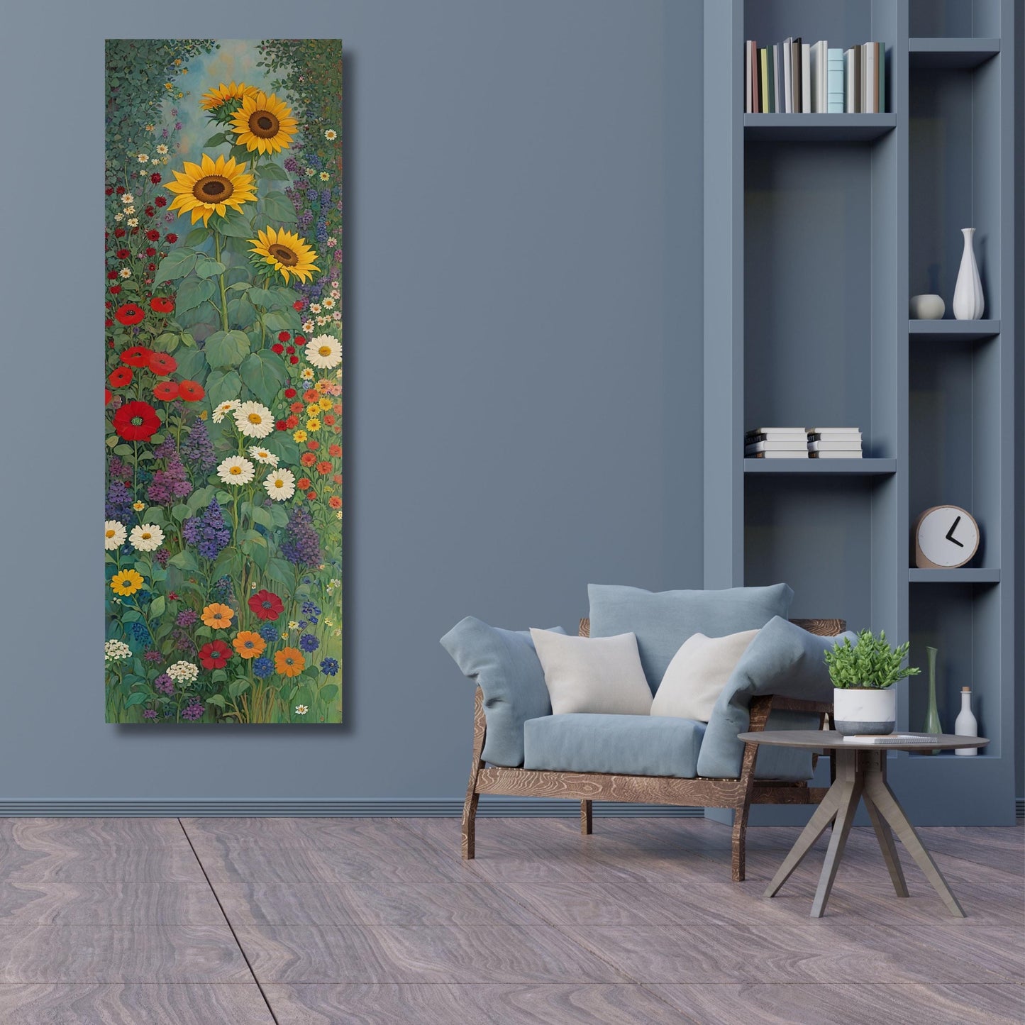 Klimt Style Sunflower Wildflower Garden Tall Narrow Canvas, Botanical Nature Wall Art, Rustic Floral Vertical Print for Hallway or Bedroom