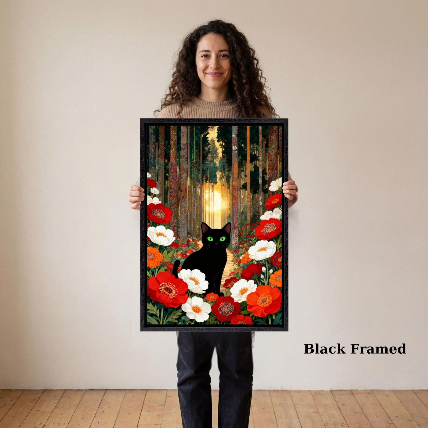 Klimt Style Cat Canvas Wall Art – Golden Art Nouveau Animal Decor Print