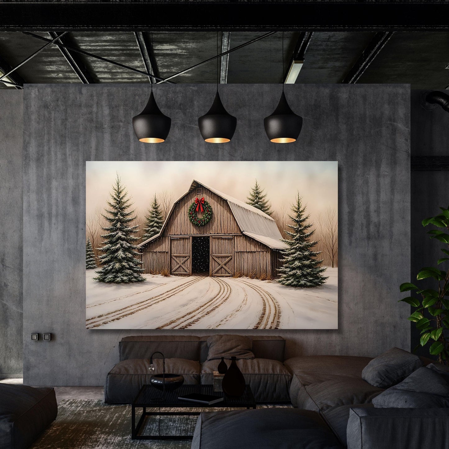 Christmas Farmhouse Canvas Art: Vintage Barn, Winter Scene