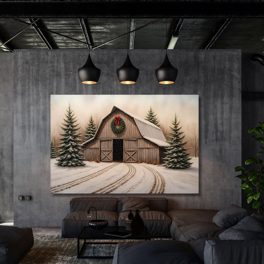 Christmas Farmhouse Canvas Art: Vintage Barn, Winter Scene