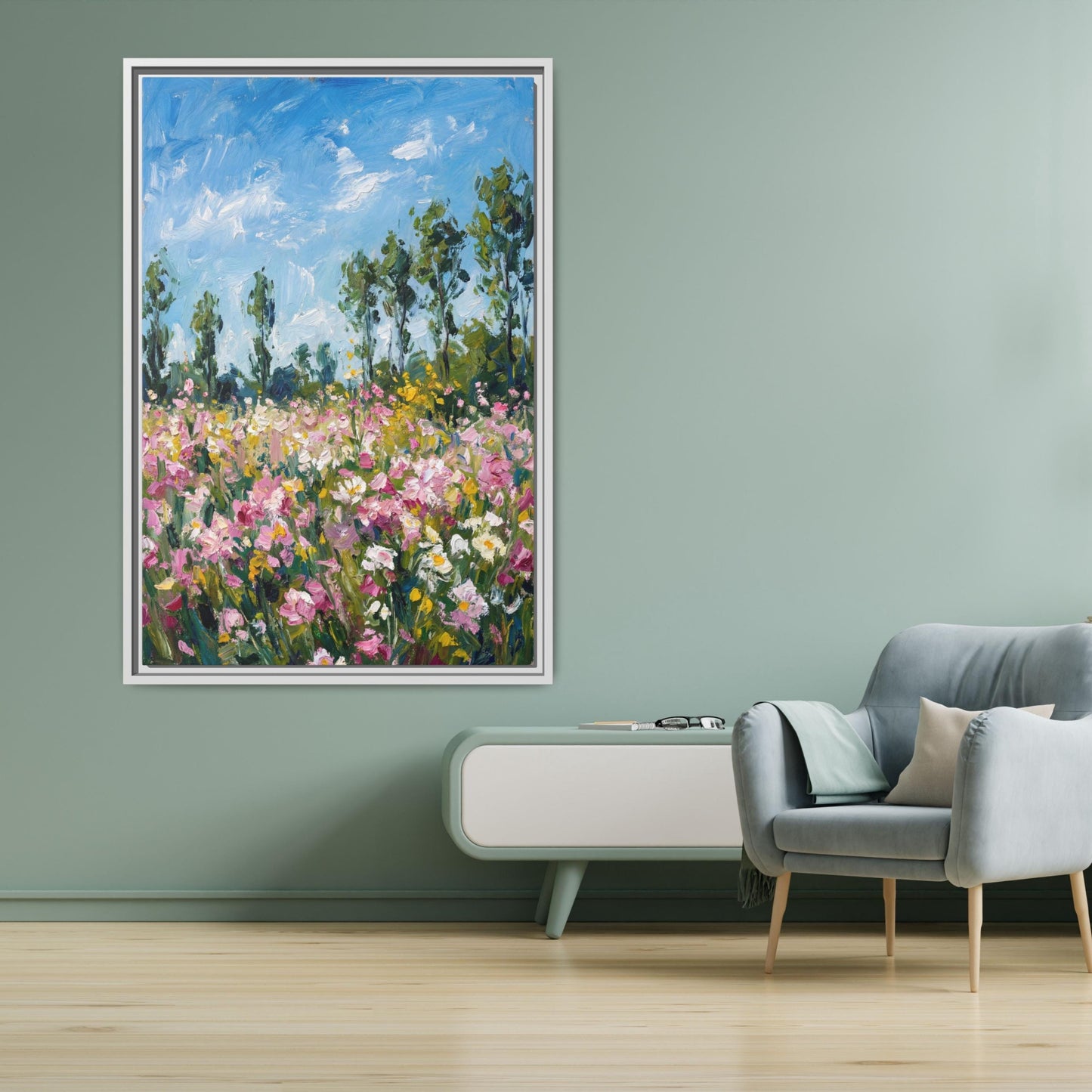 Klimt style Botanical Landscape, Horizontal Large Framed Canvas Art, Oversize Nature Print with Elegant Wood Frames, Modern Wall Hangings