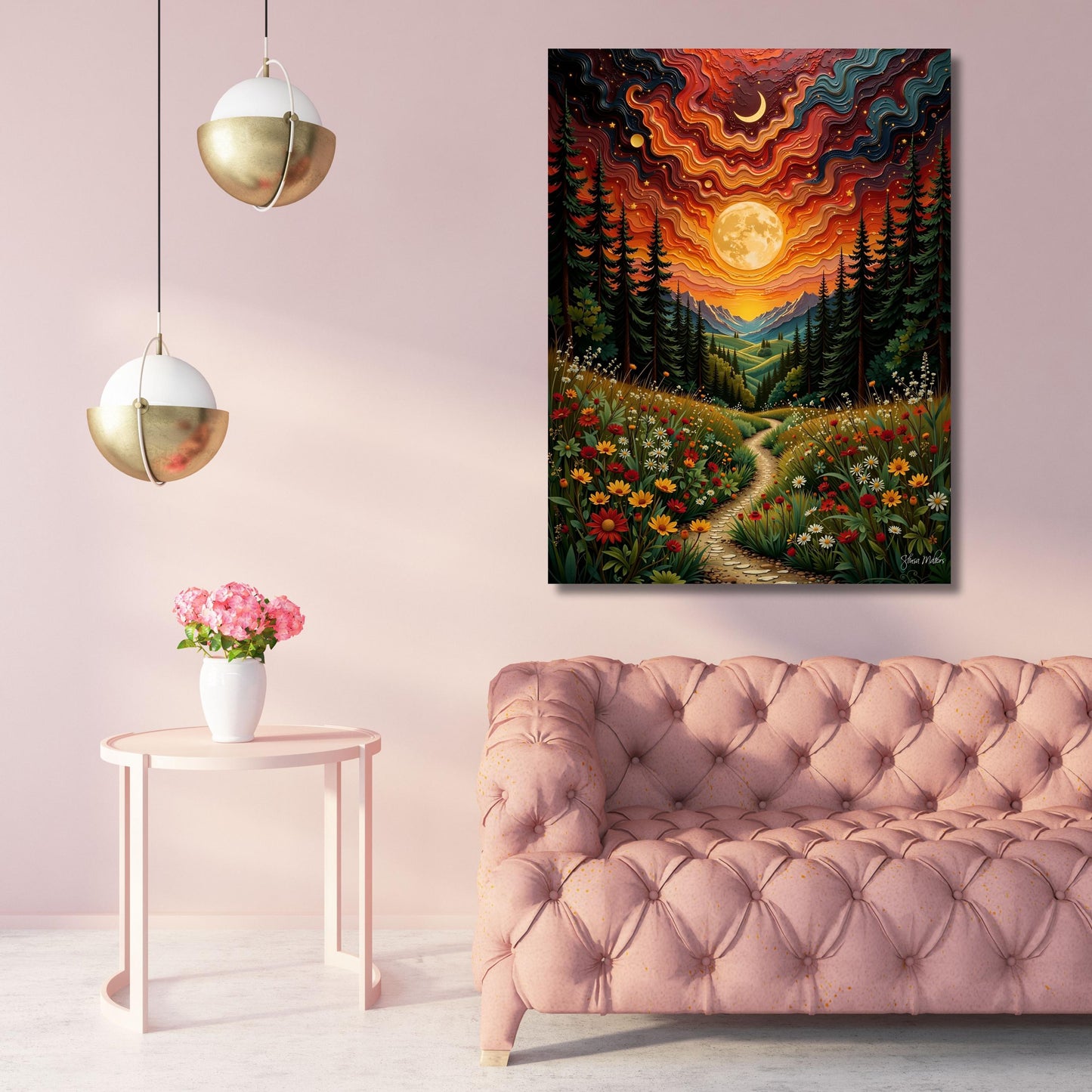 Flower Garden Moon Canvas Wall Art Klimt Inspired Floral Landscape Romantic Gold Style Print Boho Nature Decor for Home decor Klimt Wall Art