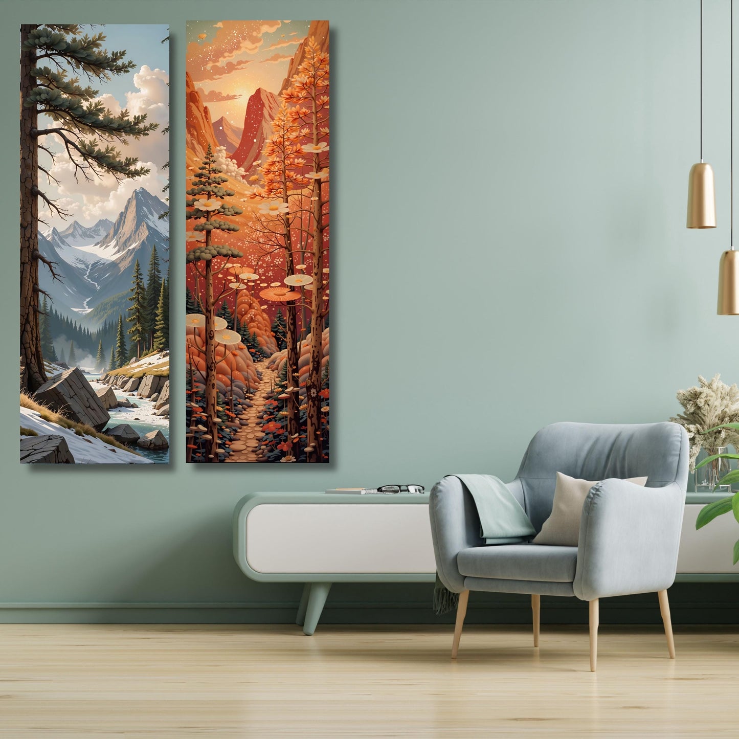 Set of 2 Tall Narrow Vintage Nature Canvas Wall Art  Long Vertical Forest Dining Room, Living Room, Office Print Long and Narrow Wall Art