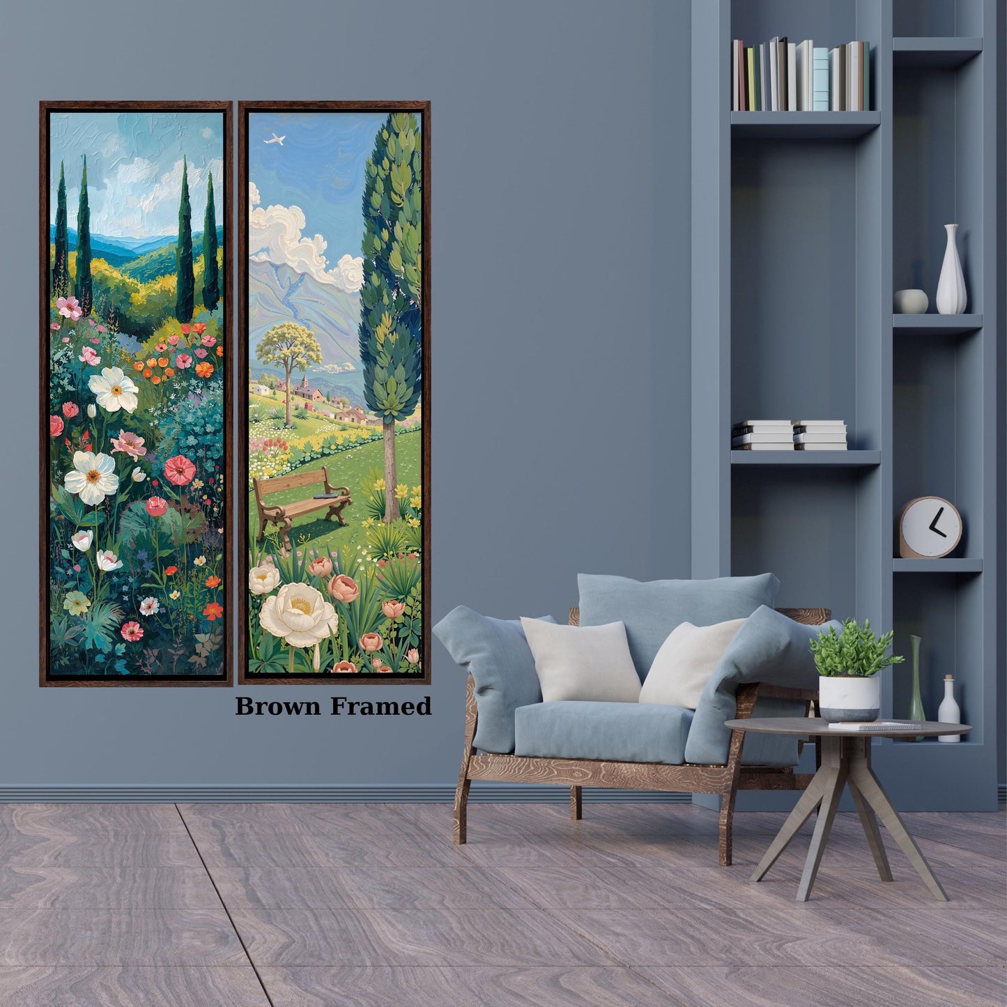 Set of 2 Long Narrow Klimt Inspired Botanical Landscape, Horizontal Large Framed Canvas Art, Oversize Nature Print with Elegant Wood Frames,