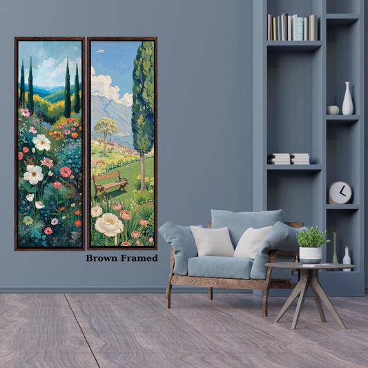 Set of 2 Long Narrow Klimt Inspired Botanical Landscape, Horizontal Large Framed Canvas Art, Oversize Nature Print with Elegant Wood Frames,