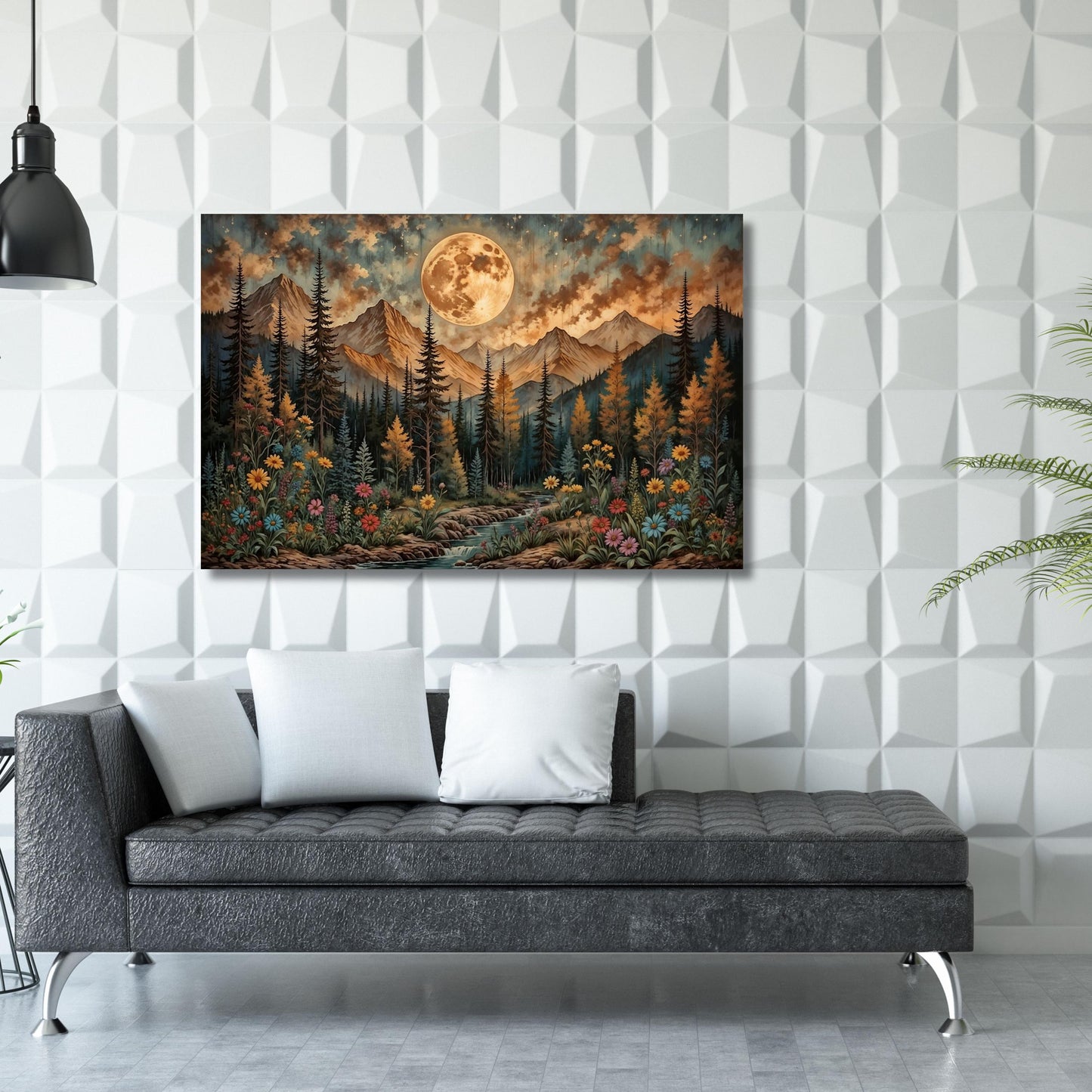 Full Moon Wildflower Canvas, Flower Garden Flower Market canvas, Moonlit Pine Tree Forest wall Art, Rustic Mountain Art, Woodland Klimt Gift