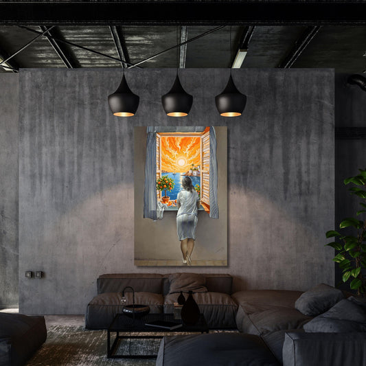 Girl at the Window Canvas Wall Art in Dalí and Matisse Style Surreal Colorful Abstract Print for Modern Artistic Interior or Gallery Wall