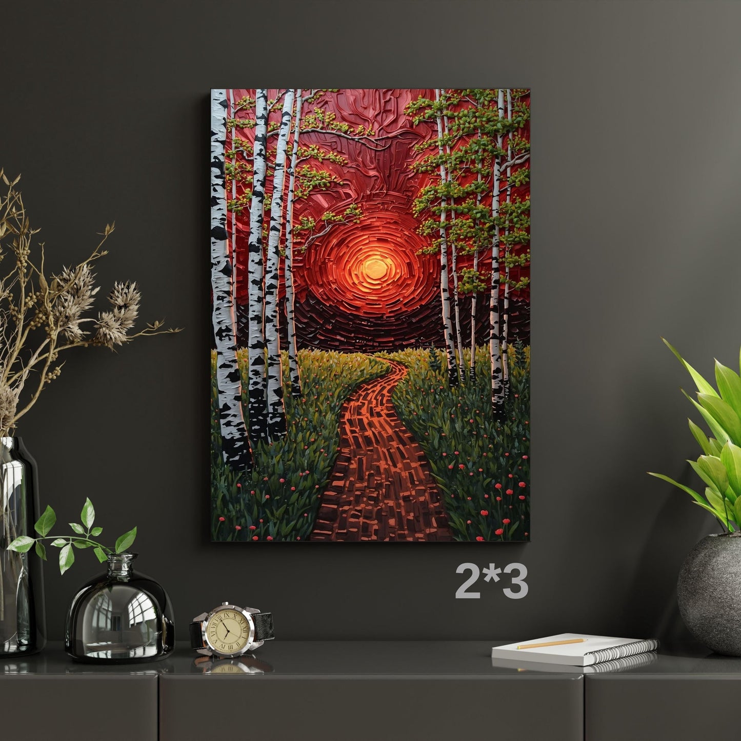 Long Narrow Canvas Wall Art Red Sunset Forest Path Canvas Wall Art – Abstract Nature Landscape Modern Decor