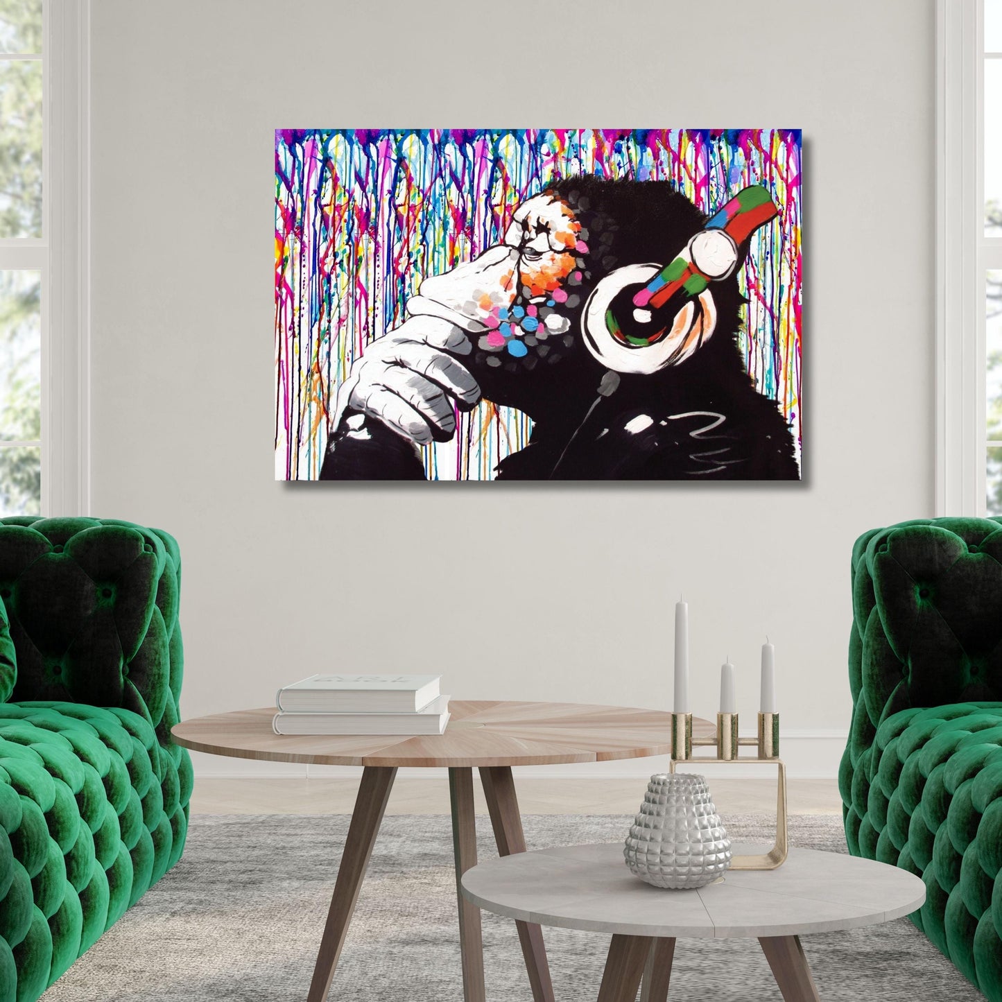 Banksy DJ Monkey Canvas Wall Art Banksy Thinking Monkey Music Thinker Graffiti Wall Art Extra Large Wall Art Gorilla Chimp Ready to Hang