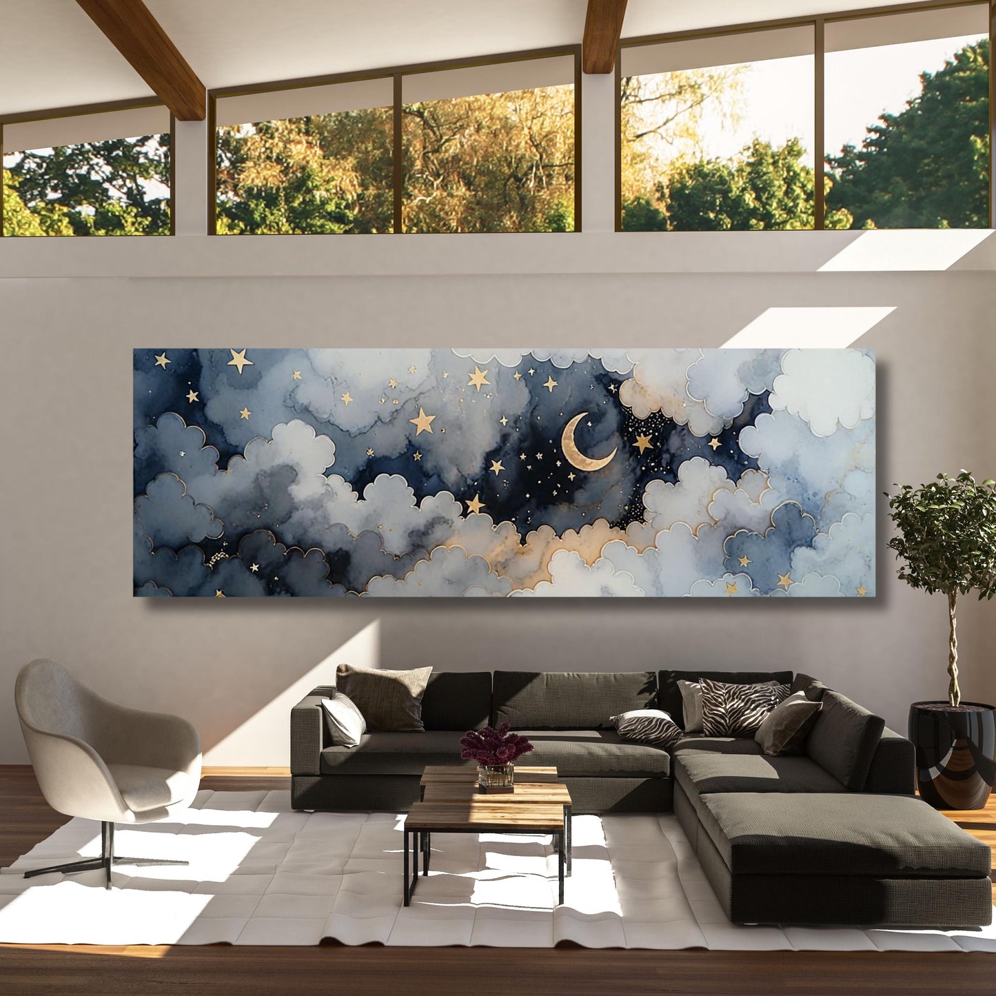 Panoramisches Sternenhimmel-Leinwandbild, Halbmond, Nachthimmel-Druck, Lebendige Himmelskunst mit Leinwanddruck