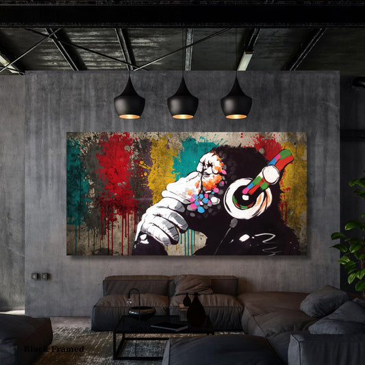 Banksy DJ Monkey Canvas Wall Art Banksy Thinking Monkey Music Thinker Graffiti Wall Art Extra Large Wall Art Gorilla Chimp Ready to Hang