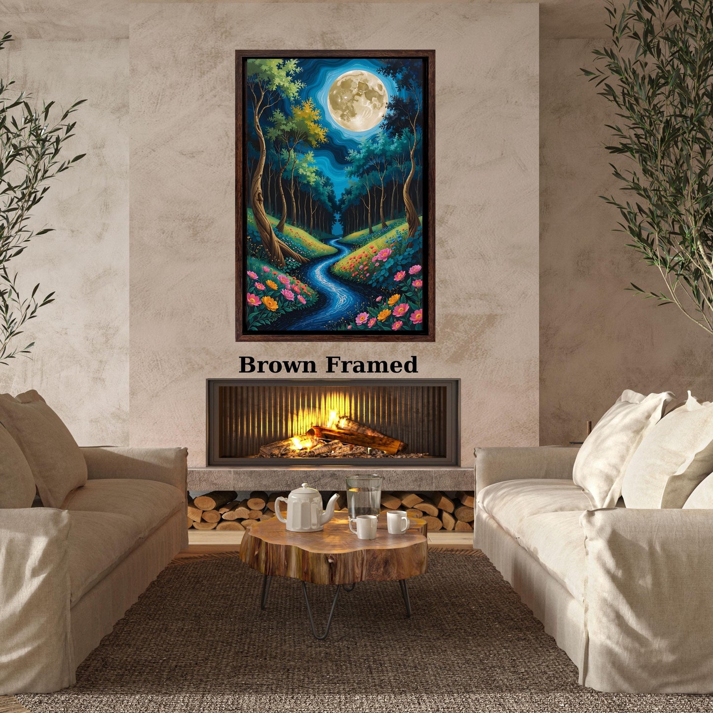 Gustav Klimt Style Magical Forest Canvas Wall Art with Full Moon Sky and River Dreamy Nature Print for Bedroom or Living Room Wall Decor art