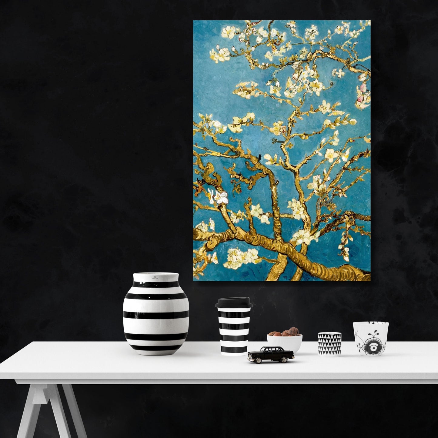 Vincent Van Gogh Almond Blossoms Style Canvas, Vertical Floral Wall Art, Reimagined Modern Blossom Print,Gold and Blue Flower Art