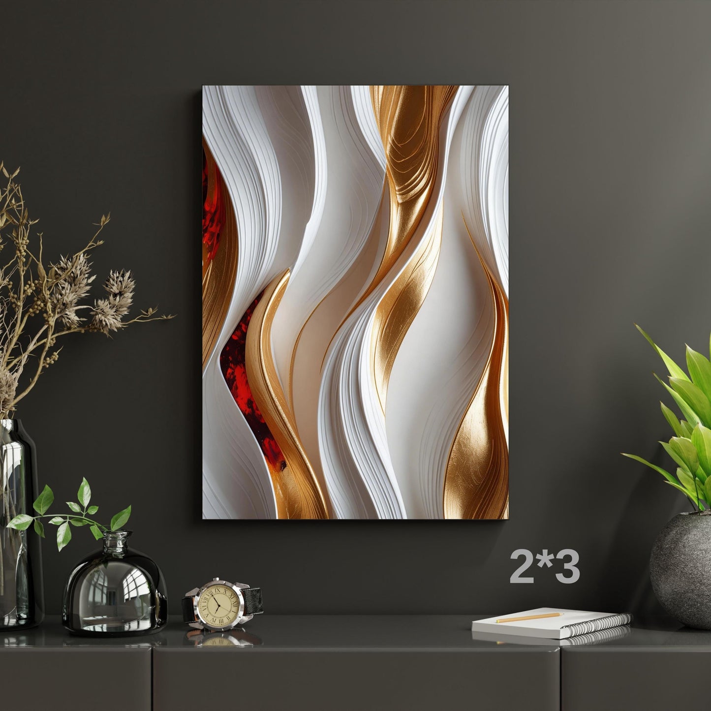 Long Vertical Abstract Wall Art, Gold and White Flow Canvas, Framed Modern Narrow Decor