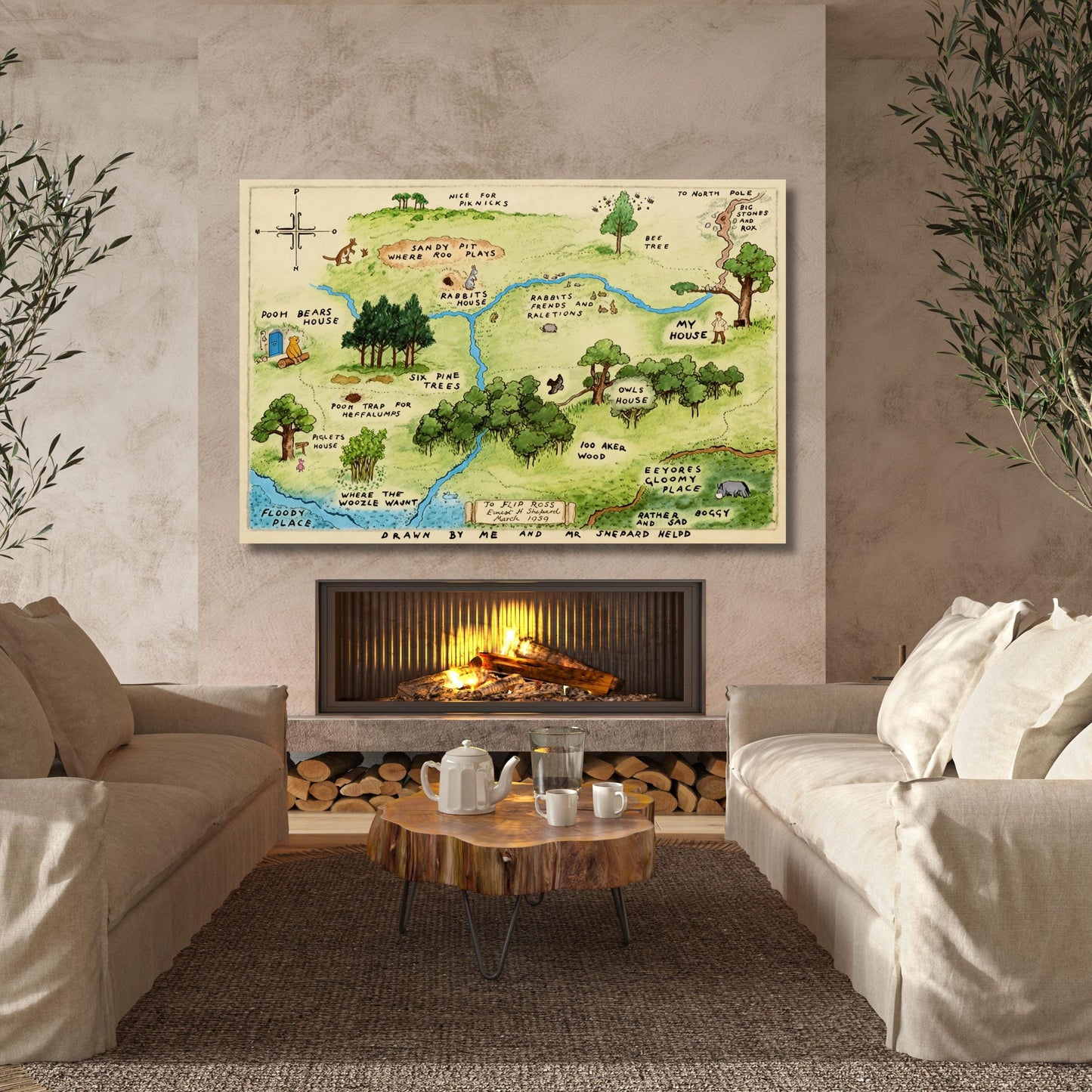 Winnie the Pooh 100 Acre Wood Map Canvas Print, Winnie the Pooh Vintage Illustration, Nursery Wall Art
