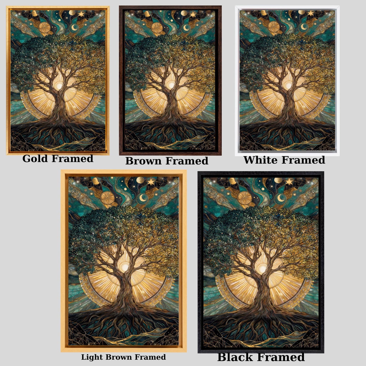 Tree of Life Canvas Wall Art,Klimt &Dali Inspired Vertical Print,Mystical Sun and Moon Wall Decor,Surreal Spiritual Tree art,Tall Gold Decor
