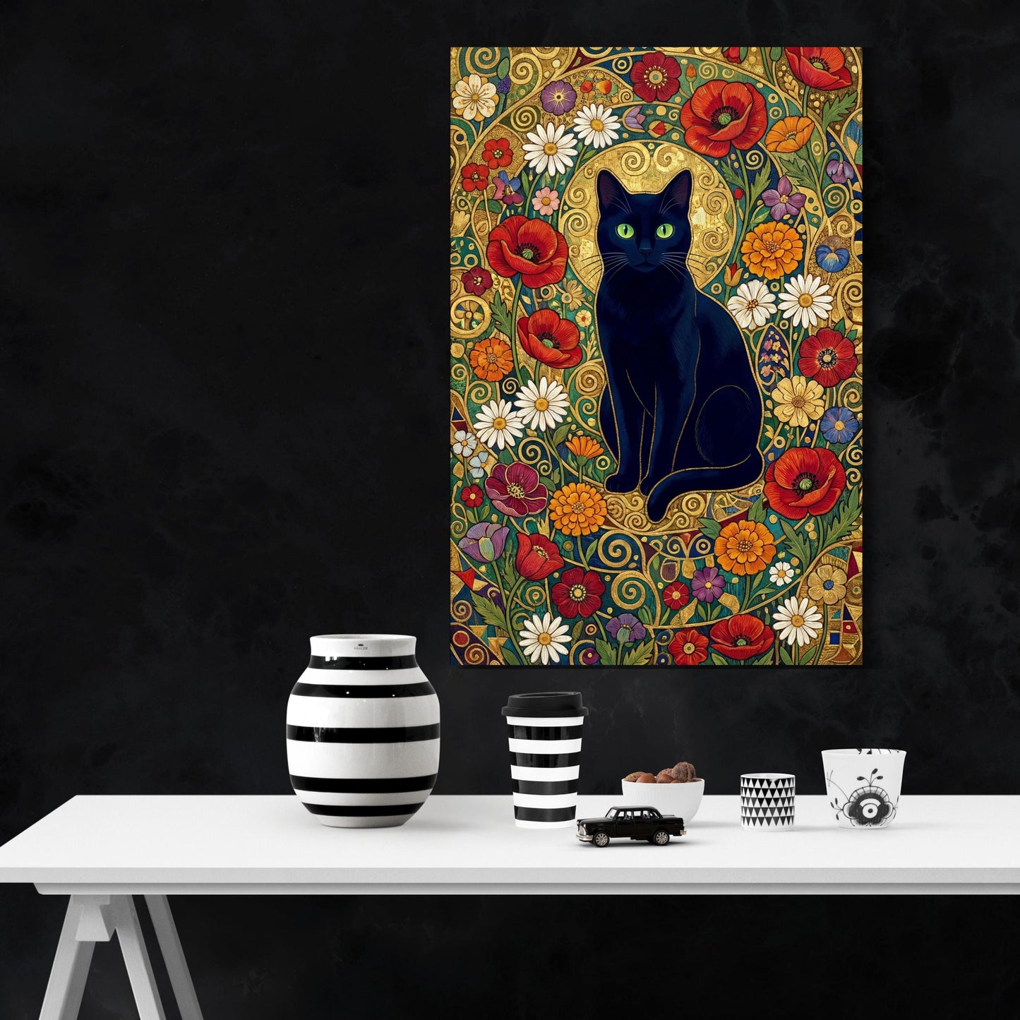 Klimt Style Cat Canvas Wall Art – Golden Art Nouveau Animal Decor Print