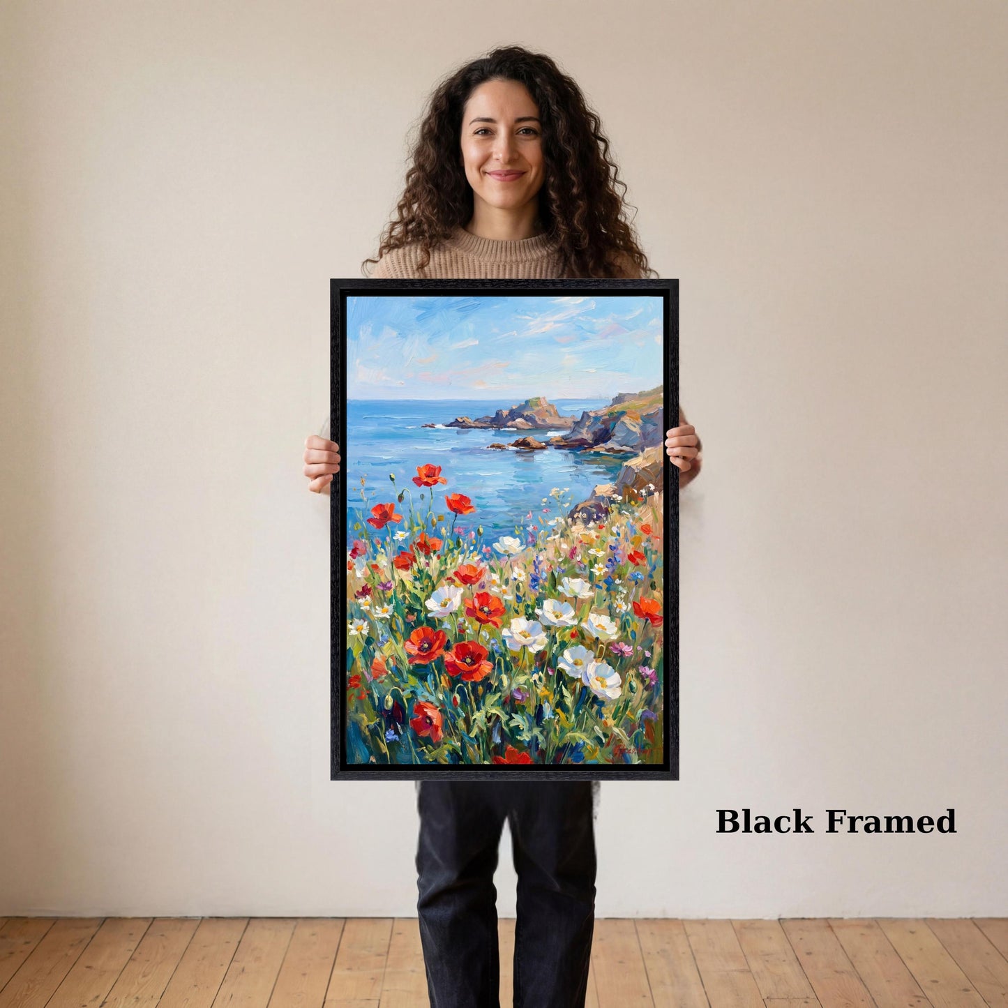 Coastal Poppy Field Canvas Art, Ocean Landscape Wall Decor, Impressionist Seascape Painting, Vertical Wildflower Meadow Print, Blue Sea Art