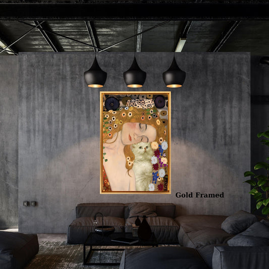 Gustav Klimt Inspired Mother and Cat Canvas – Whimsical Art Nouveau Style Wall Art – Cozy Decorative Print for Home or Nursery poster canvas