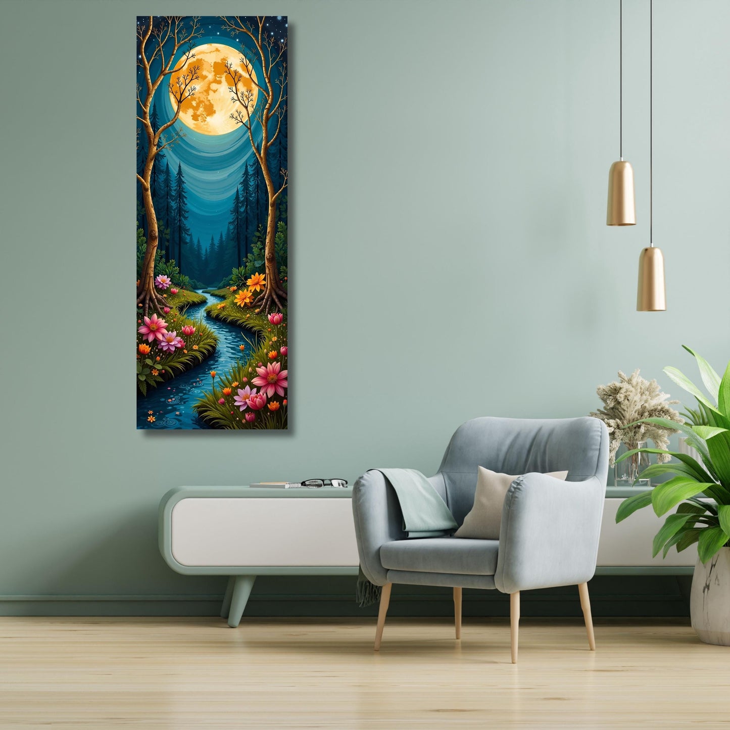 Gustav Klimt Style Magical Forest Canvas Wall Art with Full Moon Sky and River Dreamy Nature Print for Bedroom or Living Room Wall Decor